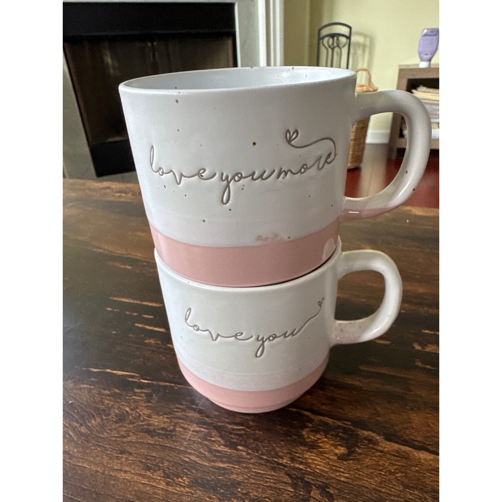 Sheffield Home Love You Love You More Pink White Speckled Ceramic Mug Set of 2